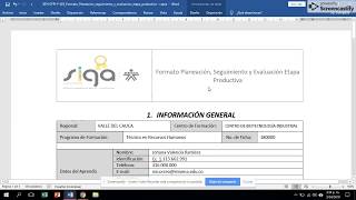 Formato Evaluación y Seguimiento etapa productiva SENA  CBI [upl. by Nove]